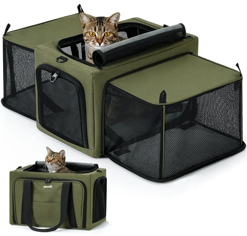 Pecute Porte-chat Pliable et Étendu — Transporteur pour animaux, cadre acier 5 mm, 200% d’espace, sécurité renforcée, pliable, vert
