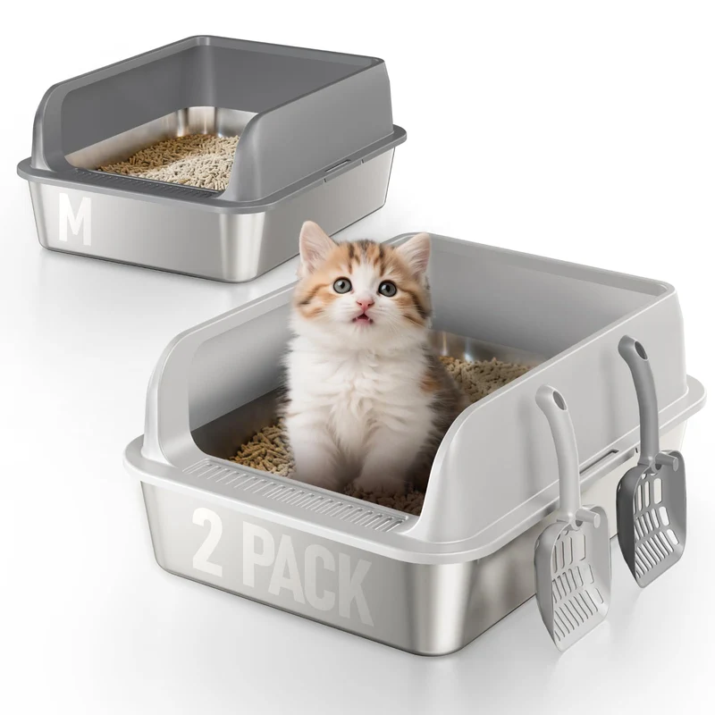 Fusblom – Lot de 2 Bacs à Litière en Acier avec Couvercle et Hauts Bords pour Chats & Chatons