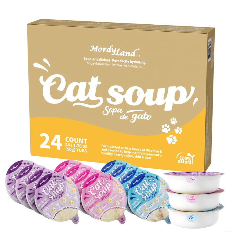 MordyLand Chat Soup et Bouillon – Hydratation et Saveurs Poulet & Fruits de Mer, Pack 24 Portions