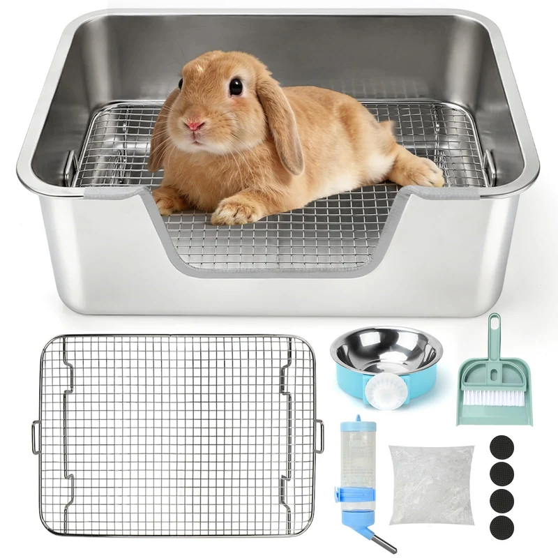 Rypet Grand Bac de Litière pour Lapin – Bac Litière en Acier Inox 304 avec Plateau Tamisant, Bols et Gourde – Anti-Dérapant et Facile à Nettoyer