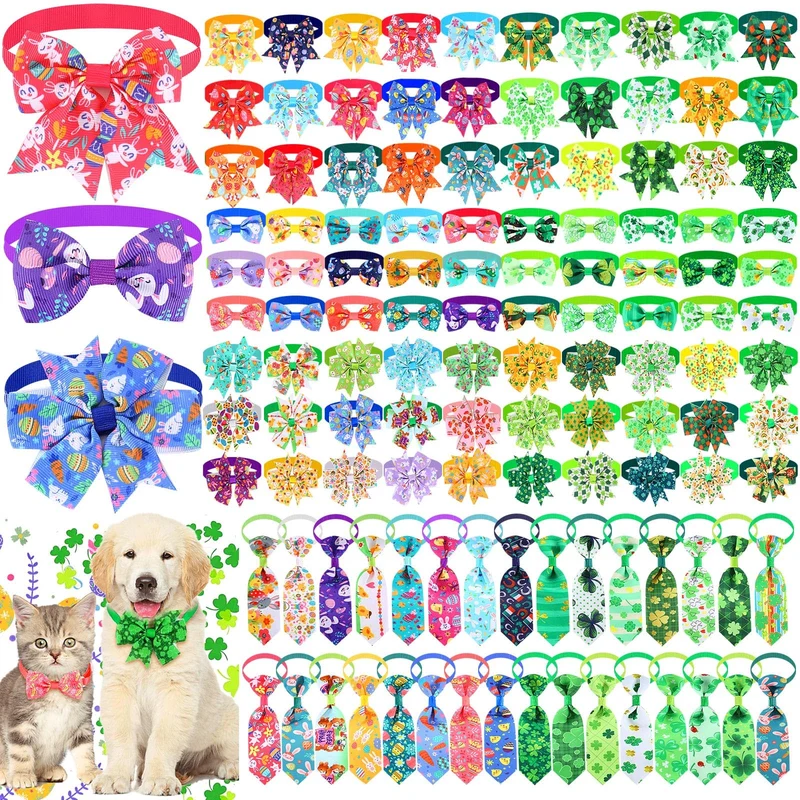 Talltalk | Ensemble 120 pièces nœuds papillon et colliers pour chien et chat – Pâques et Printemps – Ajustables