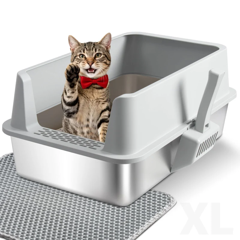 TOKXTIK – Bac à Litière en Acier Inox XL pour Grands Chats | Parois Élevées, Anti-Fuite, Nettoyage Facile, Pelle et Tapis Inclus