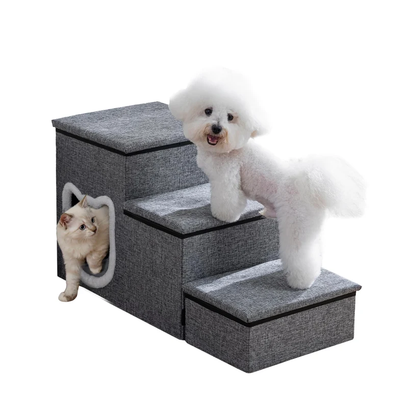 Crispedia Escalier pour Chiens Petits – 3 Marches Antidérapantes avec Rangements (Gris)