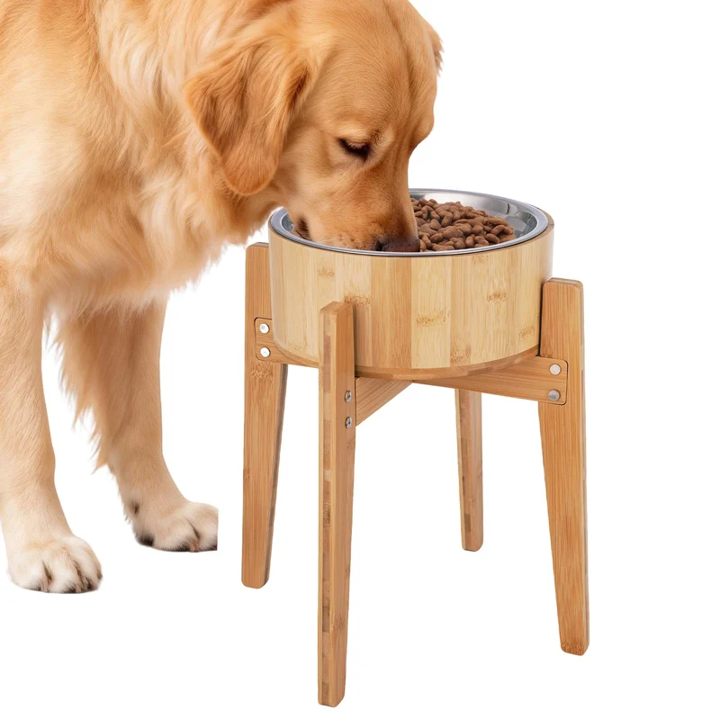 KEVIDEAWL Gamelles Surélevées pour Chiens Grands – Bois et Inox, Deux Bols, Antidérapant, Hauteur 34 cm