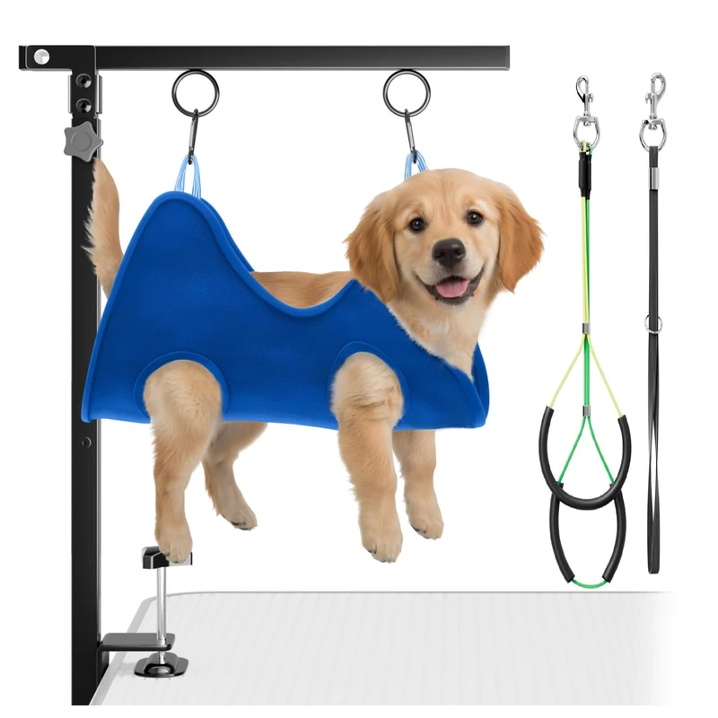 Bras de toilettage réglable pour chien Pickpiff — 66-102 cm, hamac sécurité et serre-table