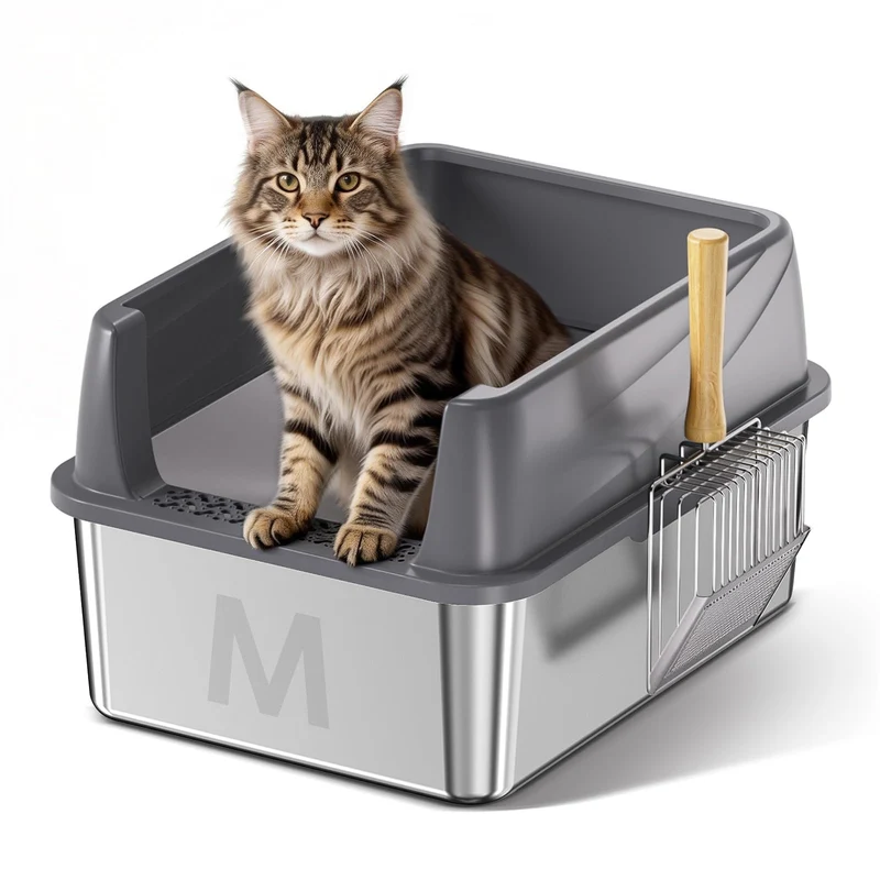 Bsemax Bac à Litière en Acier Inox avec Couvercle pour Petits Chats – 44,2 cm x 34,3 cm x 21,6 cm – Anti-Fuite, Anti-Adhérence, Facile à Nettoyer (Gris Foncé)