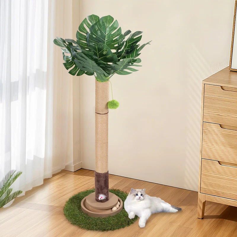 pawalaya Griffoir Arbre à Chat Monstera 105 cm – Tour avec Ballon Suspendu et Jouet Souris