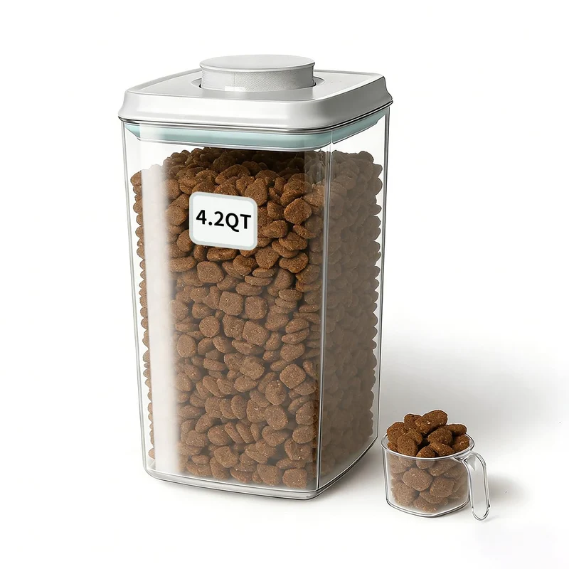 EQI Conteneur Alimentaire pour Chiens et Chats – Couvercle à Action Unique, 4,22 L, Sans BPA, PET Durable et Empilable, Doseur 130 ml