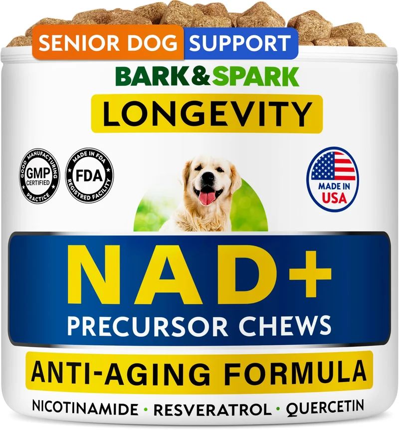 BARK&SPARK NAD+ pour chiens – Formule avancée de longévité avec résveratrol, quercétine et nicotinamide – Saveur pâte d’arachide – 90 comprimés