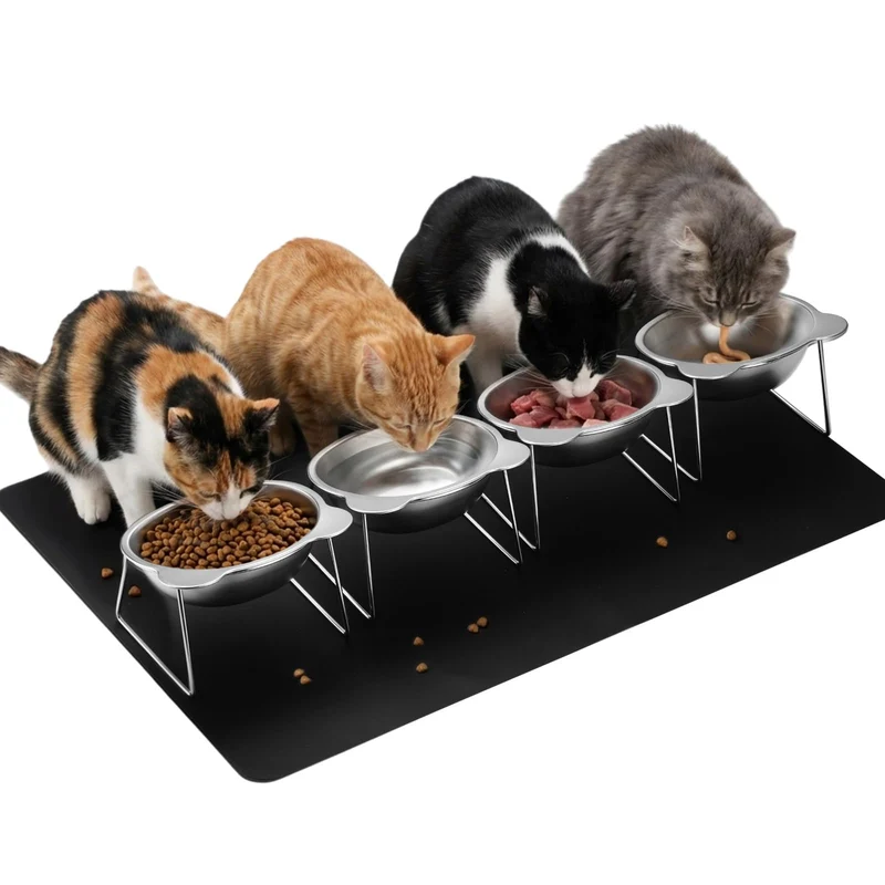 Ferrochef - Ensemble de 4 Bols Chat Élevés 15° | Support Incliné Anti-Vomissements, Inox et Silicone
