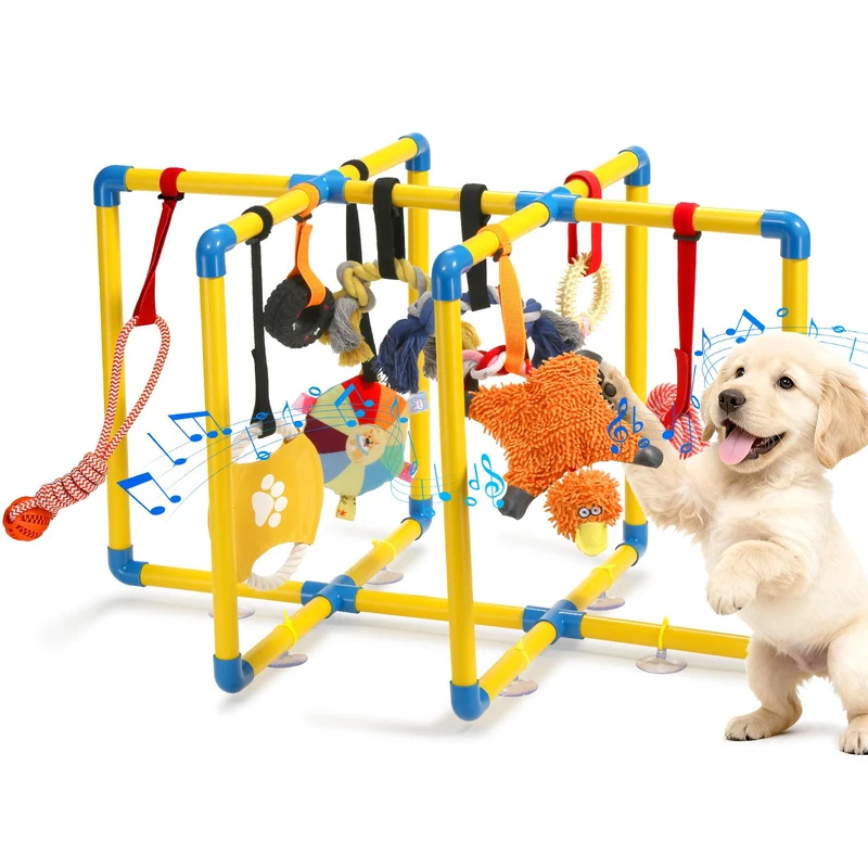 Tengantongda Aire de jeux pour chiots — Version améliorée avec 9 jouets suspendus, cadre renforcé et ventouses puissantes