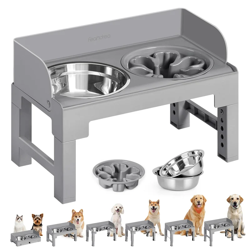 Feandrea Bols Élevés pour Chien – Support Réglable, 2 Bols Inox 304, Alimentation Lente