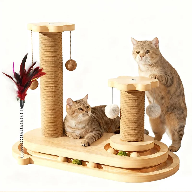 SQRTPGD – Poste Griffage Chat 4-en-1 en bois massif | Jeu intérieur interactif