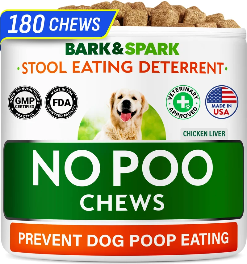 BARK&SPARK Friandises anti-coprophagie pour chiens — Probiotiques & enzymes digestives | Haleine fraîche | Fabriqué aux États-Unis (180 comprimés)