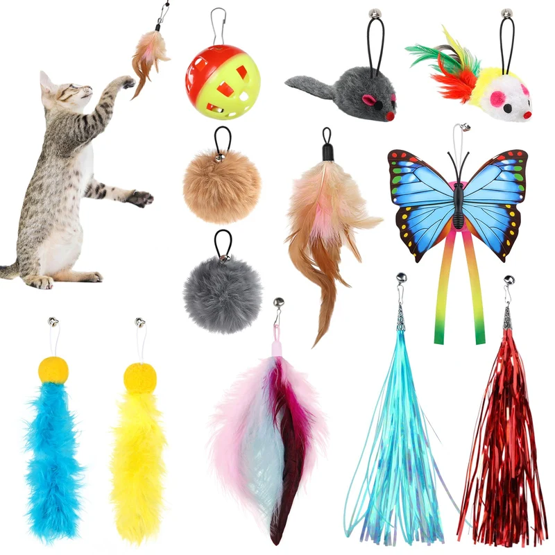 QUOZUO Recharges Baguette Chat – 12 Pièces (Plumes, Souris, Balles)