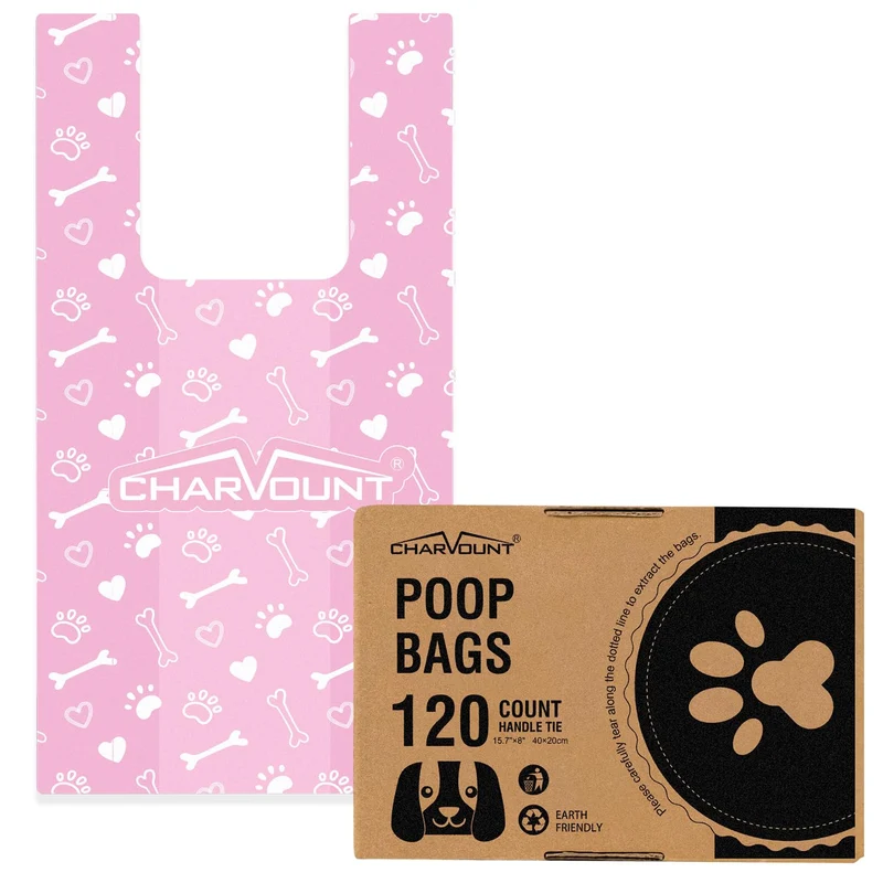 Charmount – 120 Sacs Pour Crottes de Chien avec Poignées, 16x8, Ultra Robustes, Sans Senteur, Rose