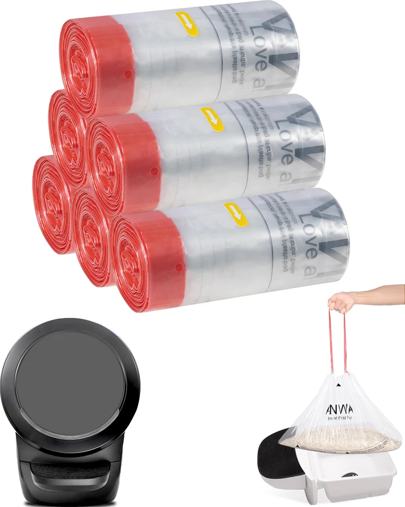ANWA Sacs Litière Robot – Lot de 150, 1,5x Plus Épais, Fermeture à Cordon, Sans Fuites