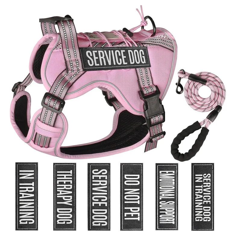 Harnais tactique Yimeis pour chien d’assistance – Taille moyenne (rose) + laisse et étiquette d’identité