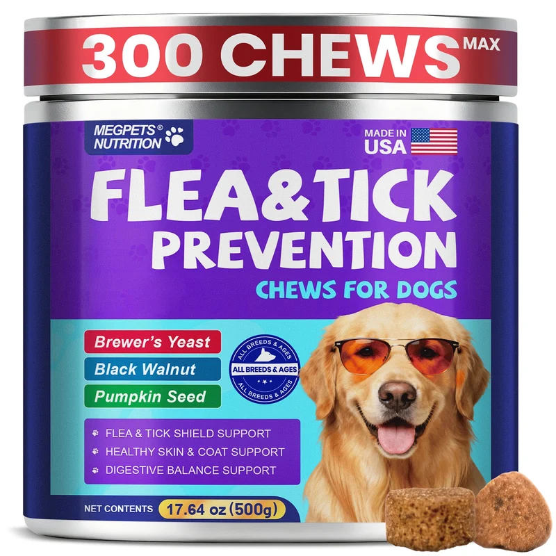 MEGPETS NUTRITION – Soutien puces et tiques pour chiens, 300 bouchées à mâcher
