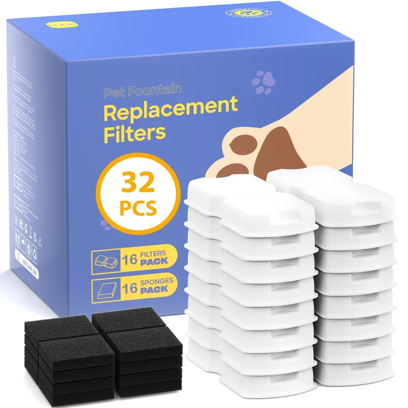 GIOTOHUN Filtre pour Fontaine à Chats S11 – 32 Filtres (16 Charbon Actif + 16 Mousse)