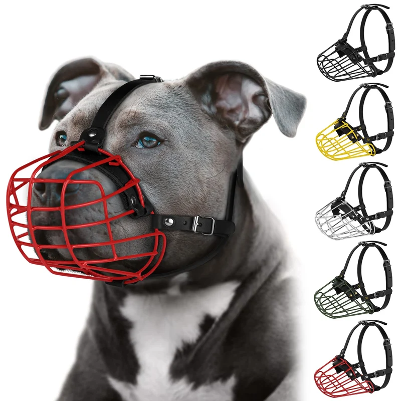 Budkas Muselière Pitbull — Masque Métallique à Cage en Fil et Sangles Cuir Ajustables (Grand Chien, Rouge)