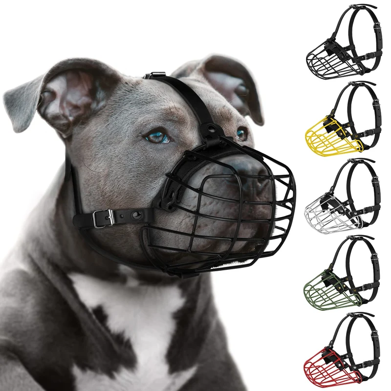 BUDKAS Muzzle Pitbull Métallique – Cage Fil et Sangles Cuir Ajustables pour Grands Chiens