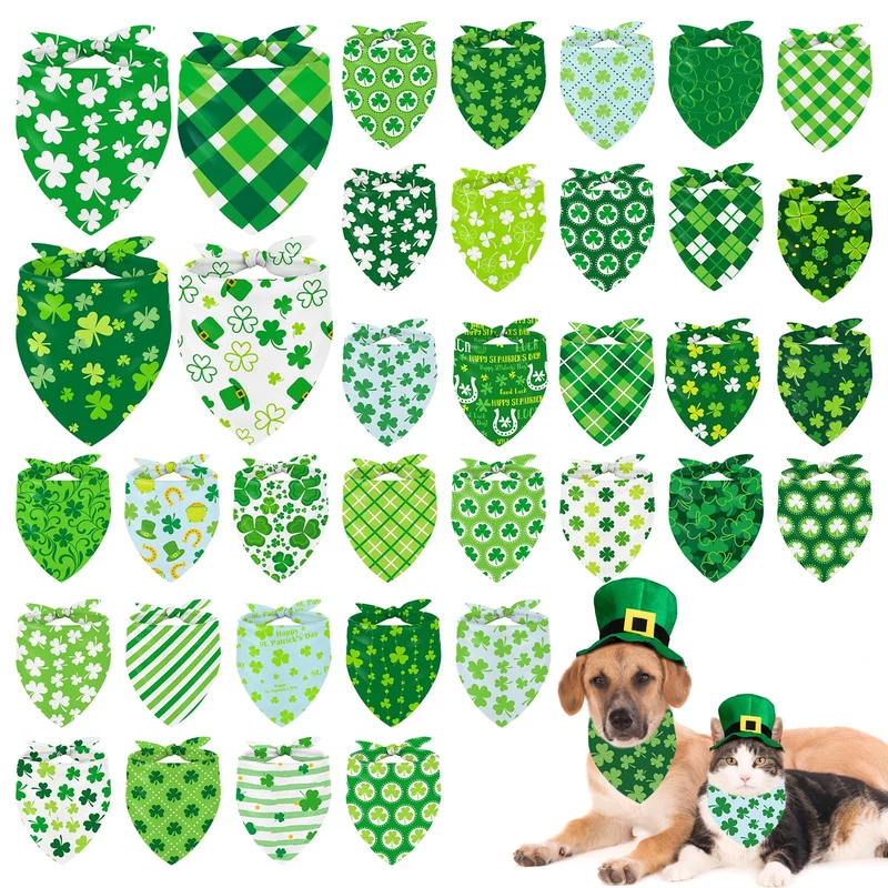 Whaline – Lot de 36 bandanas pour chien Saint-Patrick | Bandana triangle réversible vert