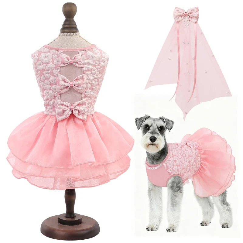 ASENKU Robe pour chien princesse – robe de mariage en dentelle avec collier perle (XXL, Rose)