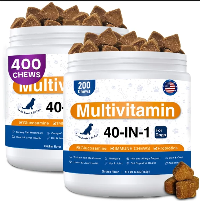 GuruAmi 40-en-1 Multivitamines pour Chien – Friandises à mâcher avec Glucosamine, Probiotiques, Oméga-3, 400 comprimés