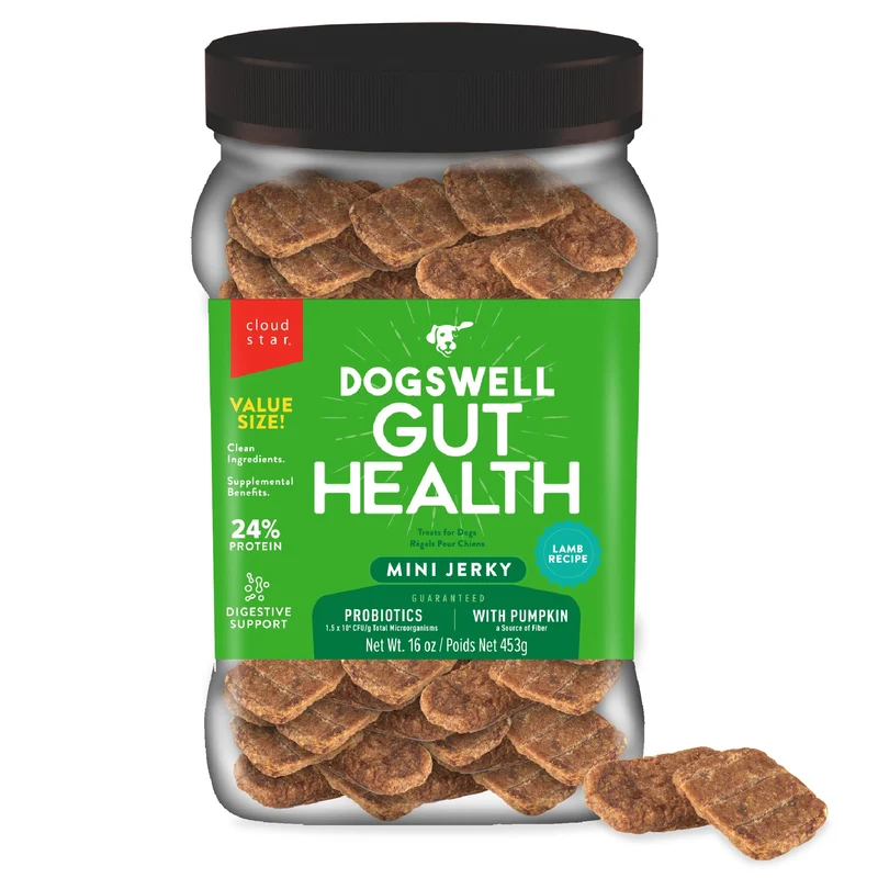 Dogswell Gut Health Lamb Mini Jerky pour chien — 450 g, soutien digestif et protéines