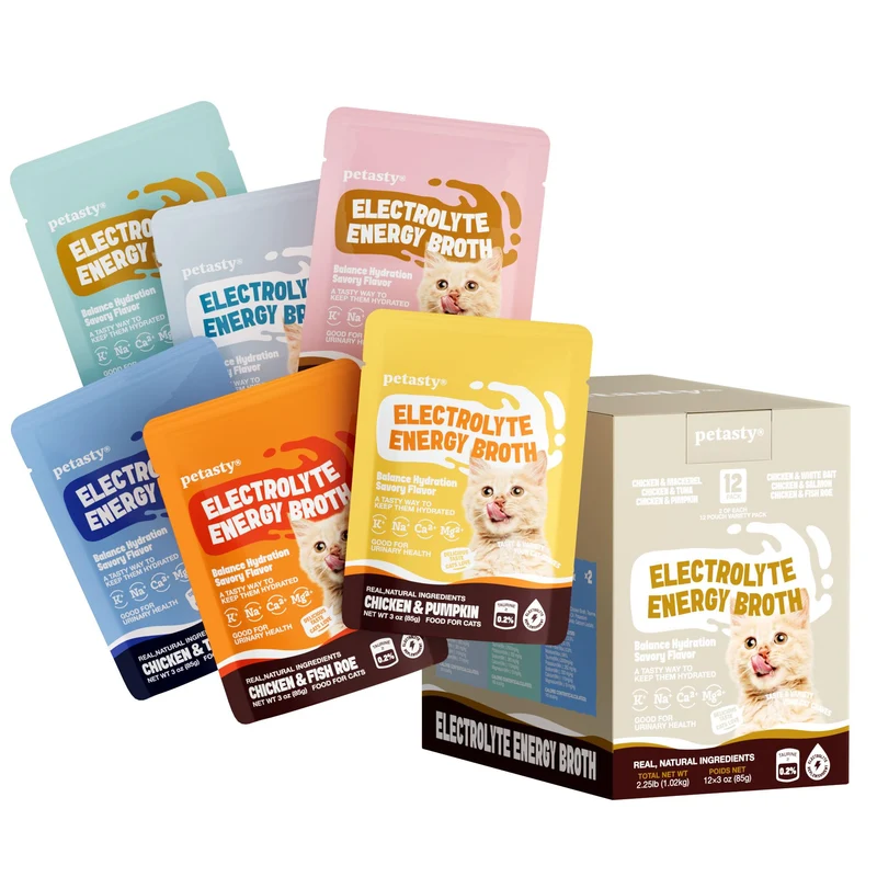 PETASTY Bouillon humide à lécher pour chats et chatons – 6 saveurs, 12 pochettes de 85 g