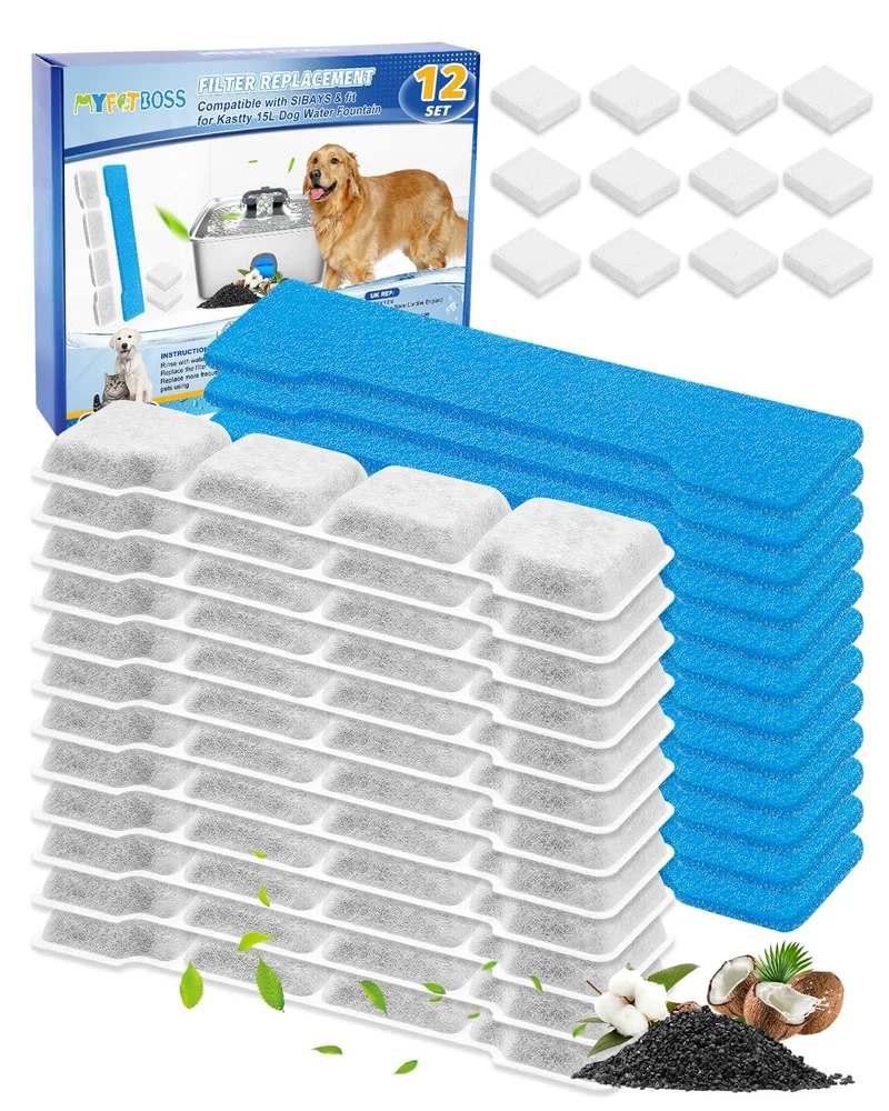 MyfatBOSS – Lot de 12 filtres pour fontaine chien, compatible SIBAYS 15L/4Gal et Kastty