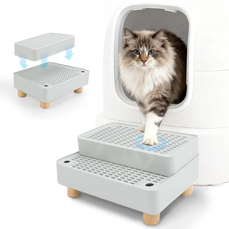 Midollarle Rampe Élevée pour Boîte à Litière – 2 Étages, Base en Bois, Antidérapante, Gris