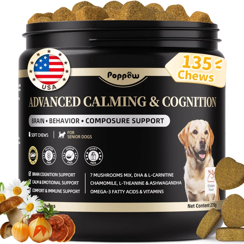 POPPAW Friandises Calmantes Avancées pour Chiens – Soutien Cérébral et Calme avec 7 Champignons, Ashwagandha, Oméga-3 DHA/EPA, Saveur Poulet, 135 unités