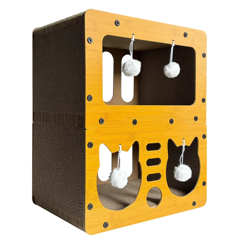 QUTUNI Maison Chat Carton – Grattoir 2 Niveaux XXL avec Jouets