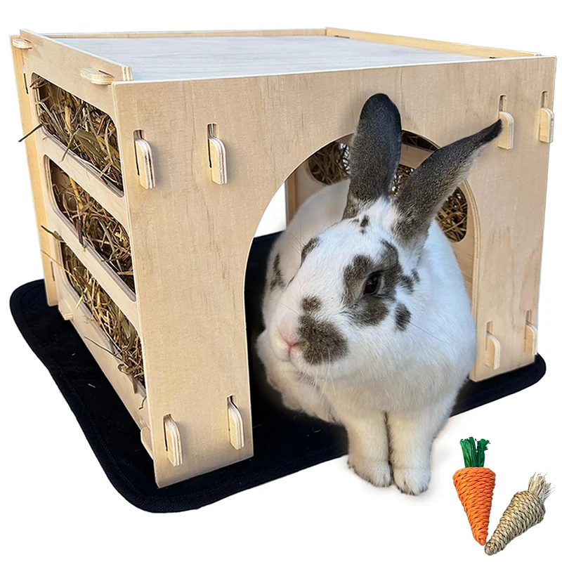 Kiwi & Mora Abri-Lapin : Maison intérieure en bois avec tunnel, mangeoire à foin et jouets – Pour lapins, cobayes et autres petits animaux