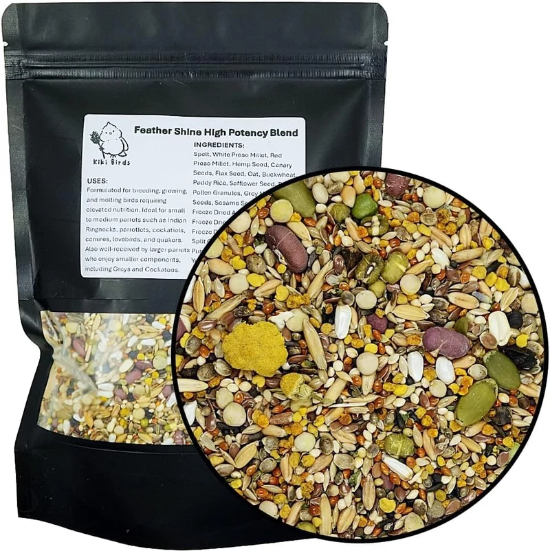 KikiBirds Feather Shine – Mélange Haute Puissance avec Pollen d'Abeille et Pousses Lyophilisées pour Perroquets | 17,5% Protéines Végétales | Fabriqué aux États‑Unis