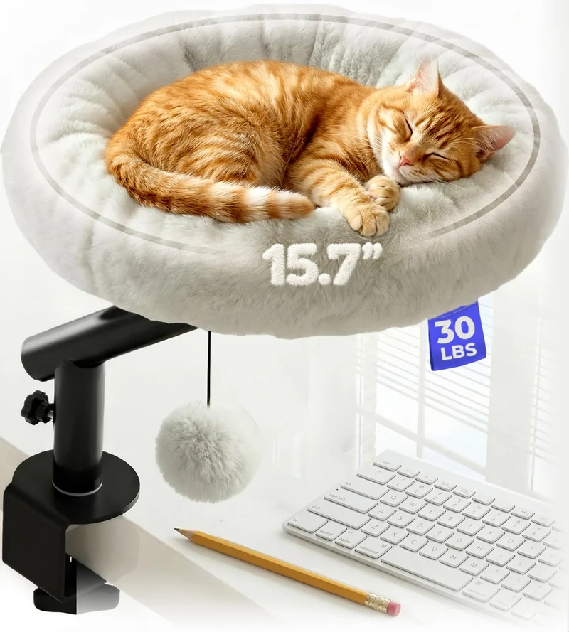 PetLovers Lit de Bureau pour Chat — Coussin Plush Lavable, Bras 360° et Attache Sécurisée