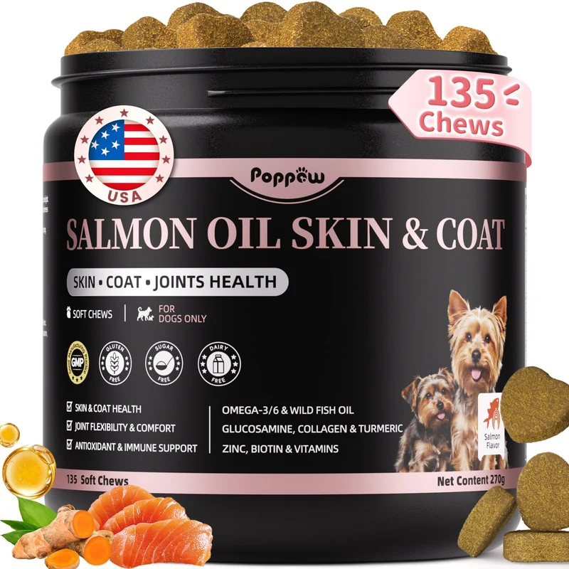 POPPAW Huile de Saumon pour Chiens – 13 en 1, Oméga 3 EPA/DHA/ALA, Saveur Saumon, Soin Peau & Pelage