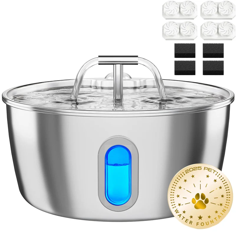 Fontaine d'eau pour chats DIANU en acier inoxydable – 3,2 L avec filtration quadruple