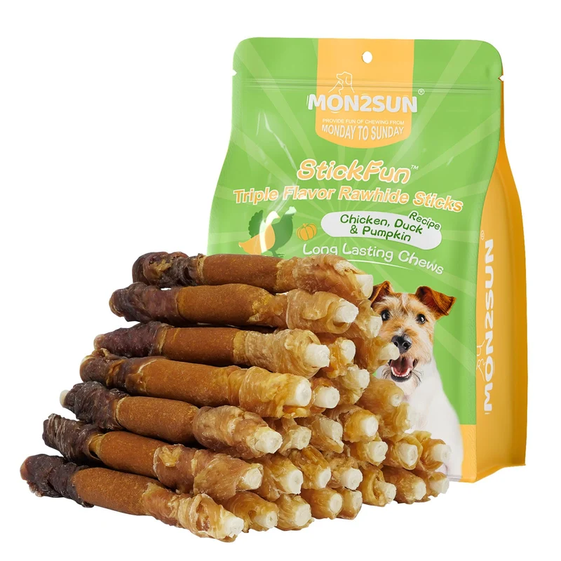 MON2SUN Friandises pour Chiens — Bâtonnets Mâcheurs 5 pouces Saveurs Triple (Poulet, Potiron et Canard), Longue Durée, 21,16 oz (30 pièces)