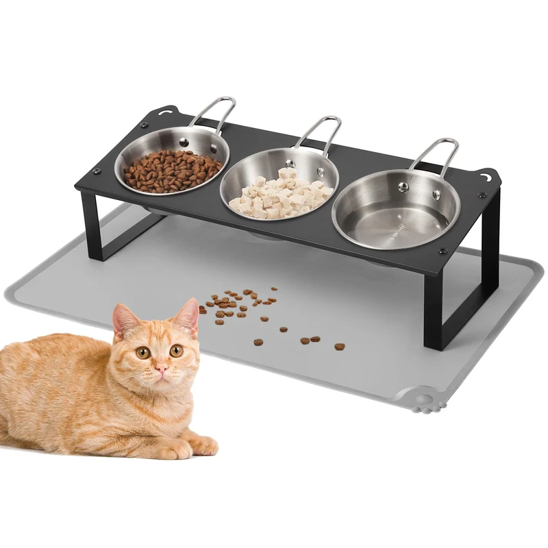 HOVNKUT – Gamelles surélevées pour chat avec tapis, inclinaison 10°, 3 bols inox avec poignées