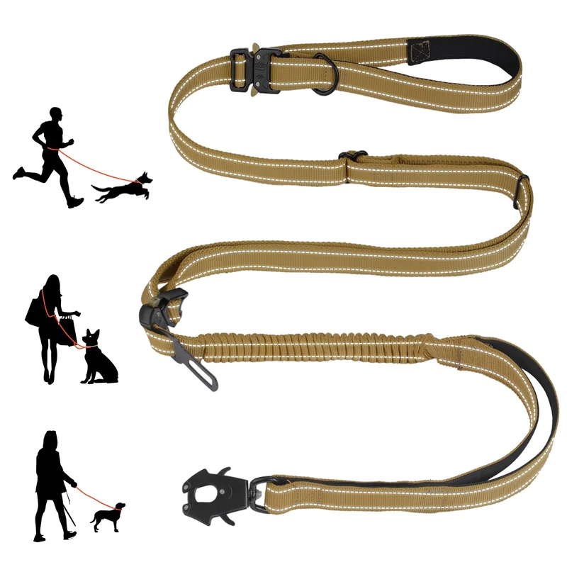 Atiansen Laisse Tactique Extensible 9,7 ft – Antichoc, Poignée Rembourrée, Clip Aluminium, Ceinture Auto (Khaki)