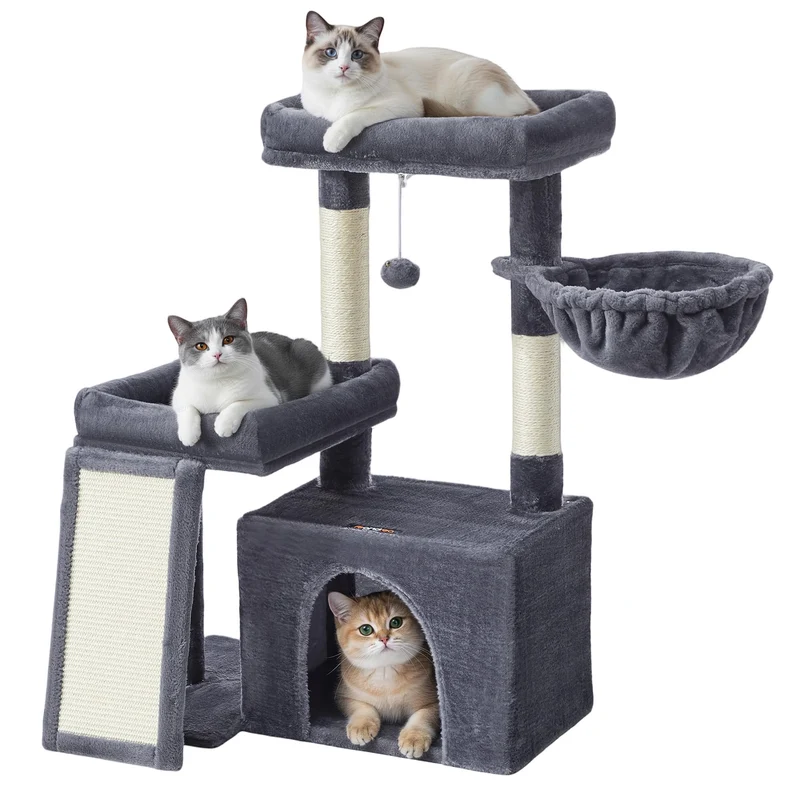 Feandrea Cat Tree UPCT013GS02S — Tour pour chat avec rampe et 2 grandes perches (gris foncé)