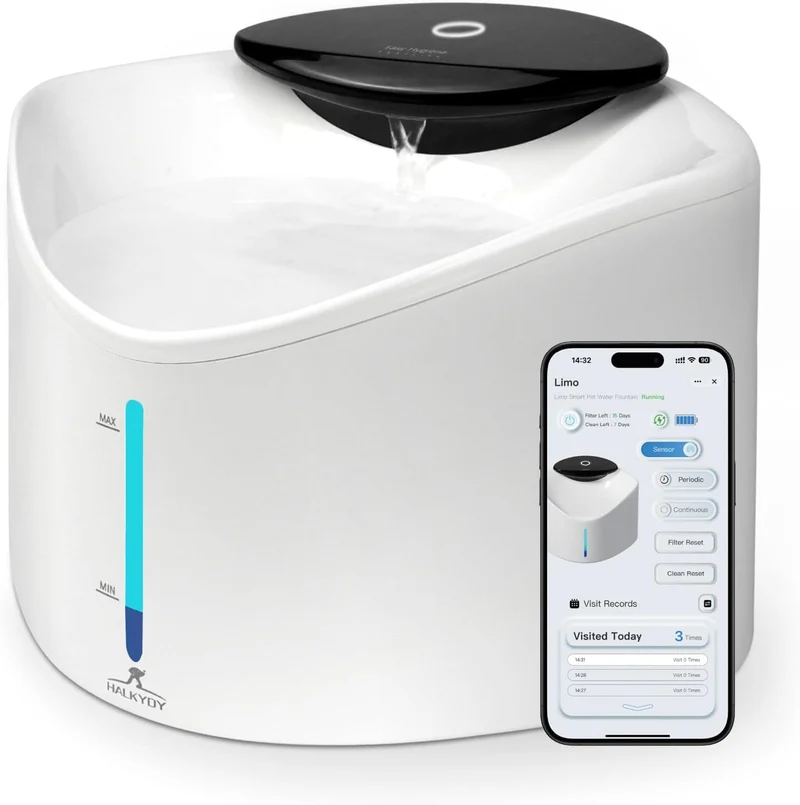 Fontaine d'eau sans fil HALKYDY pour chats – suivi via appli, BPA-free, 2,5 L, hydratation et silence