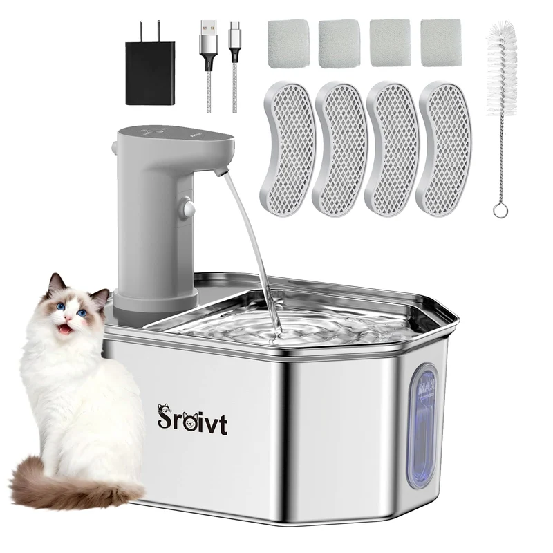 Fontaine pour chat SROIVT en acier inoxydable – 2,6 L, sans fil, 4 filtres