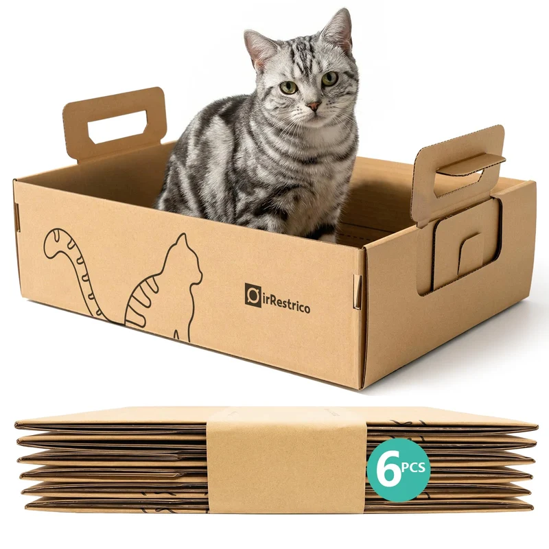 IRRESTRICO Lot de 6 grands bacs à litière jetables – Carton recyclable, étanches et portables pour voyage et usage temporaire