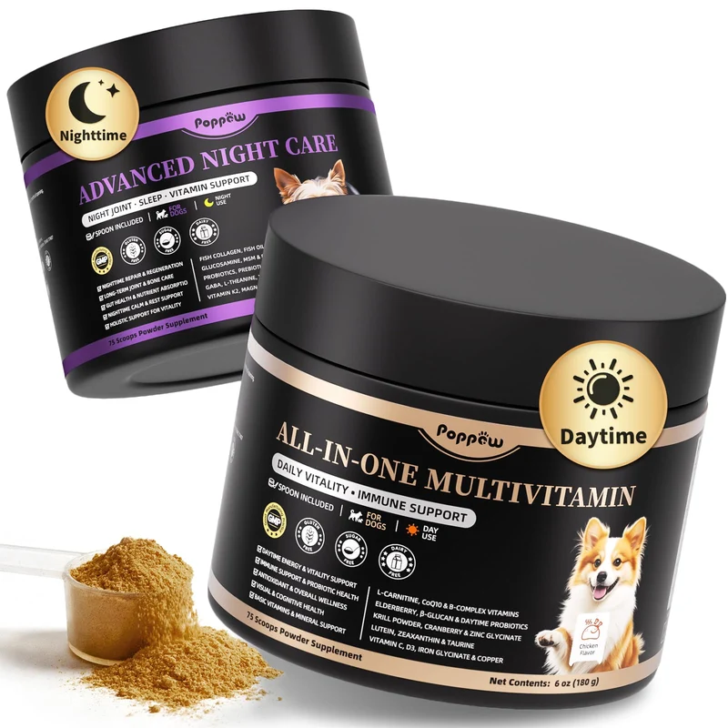 POPPAW – 25-en-1 Vitamines pour Chiens – Jour & Nuit, Poudre au Goût Poulet, Lot de 2 (150 cuillères)