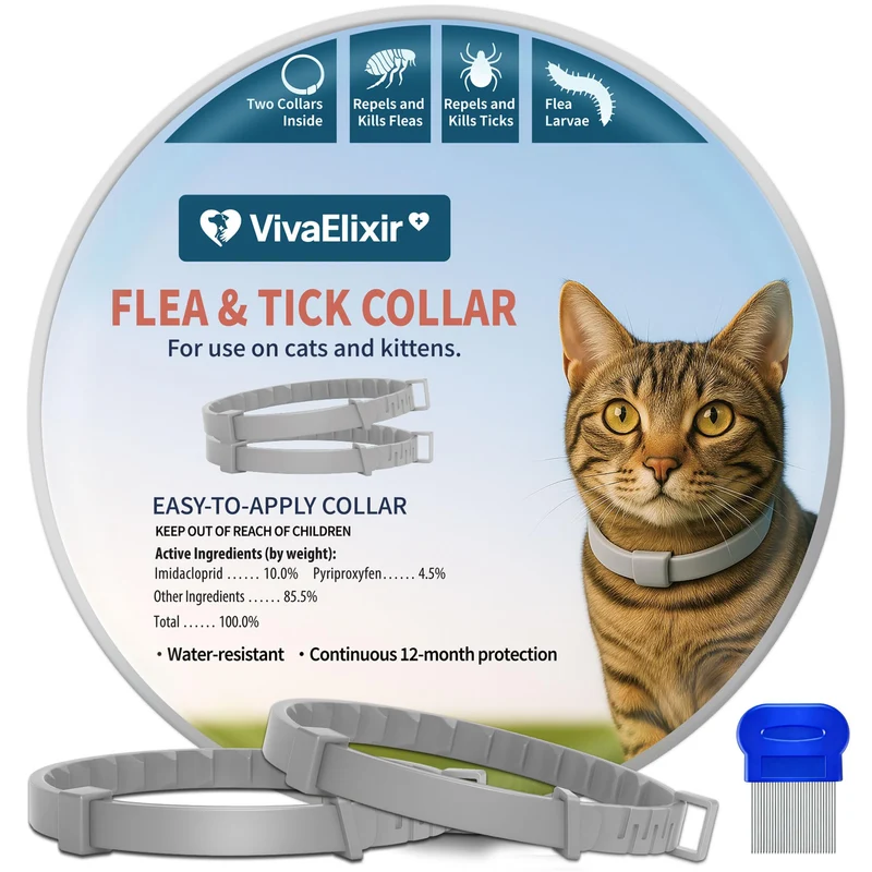 VivaElixir Collier Chat Anti-Puces et Tiques – Pack 2, 12 Mois, Étanche, Huiles Végétales Premium et Peigne Offert