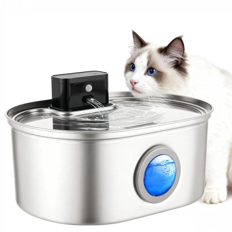 SELOOYE Fontaine pour Chat en Acier Inox – 3,5 L, Sans Fil, Filtration 4 Étages